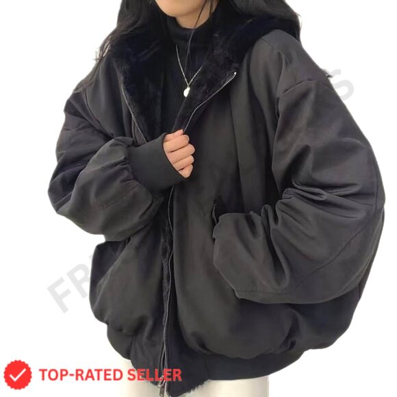 Reversible Sherpa Fleece Jacket Y2K Grunge Winter Coat Oversized Zip Hoodie